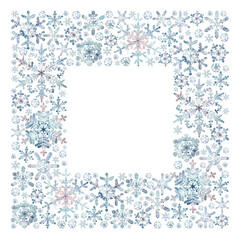 Watercolor snowflakes winter granulation illustration frame square border. Frost crystals drawn by hand. Painted drawing isolated background. For print, cards, banner, invitation, gift decor