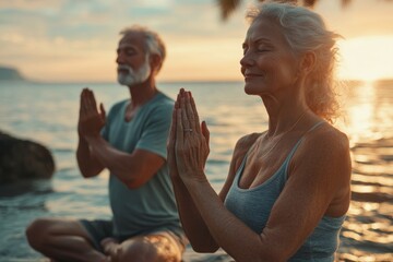 Serene Senior Couple Meditating by Ocean Sunset Peaceful Retirement Yoga Mindfulness