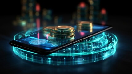 Innovative holographic online banking concept on dark backdrop revolutionizing fintech and finance