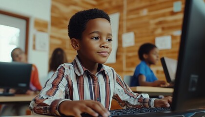 Teacher Educating Elementary School Children On Basic Computer Knowledge In A Modern Full Classroom Setting, Providing Diverse Kids With Technology Experience.