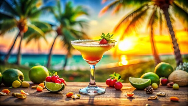Vibrant Tilt-Shift Margarita Cocktail with Lush Tropical Background and Colorful Garnishes Perfect for Summer Parties and Celebrations