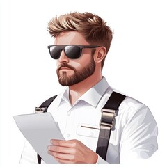 a pilot checking a flight plan, aviation role, ultra-detailed depiction, professional attire, isolated on white background