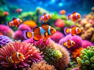 Vibrant Underwater World: Tilt-Shift Photography of Colorful Clownfish Among Coral Reefs in a Lush Marine Habitat, Capturing the Essence of Ocean Life in Miniature Detail