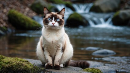 Beautiful Birman Cat Posing Gracefully by a Serene Stream with Muddy Whiskers and Enchanting Blue Eyes in a Natural Outdoor Setting