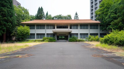 Obraz premium Abandoned Building Overgrown Entrance Urban Decay Japanese Architecture