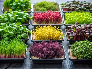 Vibrant Varieties of Microgreens in Seedling Trays Showcasing Freshness and Diversity for Fashion Photography Inspiration in Sustainable Lifestyle Trends