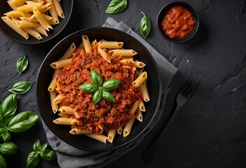 A bowl of penne pasta with minced meat and tomato sauce on a dark stone background