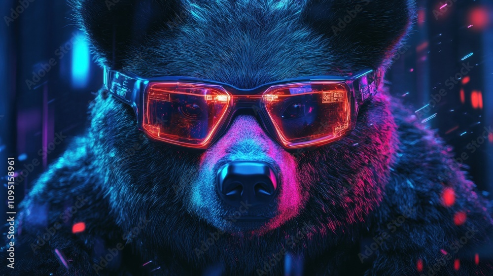 Wall mural cyberpunk bear highlighted with vivid glasses and futuristic glowing design