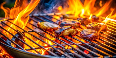 Grilling Delights A Close-Up of Burgers and Flames on a Hot Grill