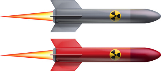 An atomic bomb and weapon rocket isolated on a white background. Greey and red nuclear weapon with fire from the nozzle and radiation icon, vector illustration.