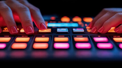 Obraz premium Female Hands on Illuminated Music Production Controller