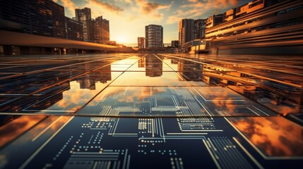 Futuristic digital circuit board overlay merging with cityscape at dusk for a modern aesthetic