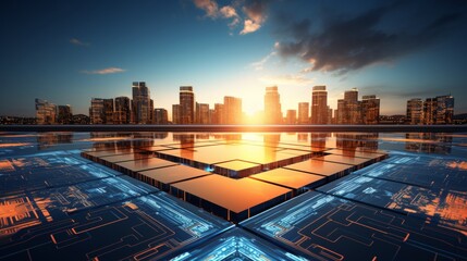 Futuristic circuit board overlay on a city skyline during a vibrant sunset horizon