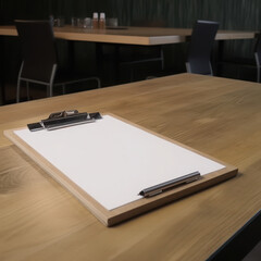 Blank clipboard and pen resting on a table in a conference room