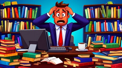 Stressed Businessman Surrounded by Books at His Desk