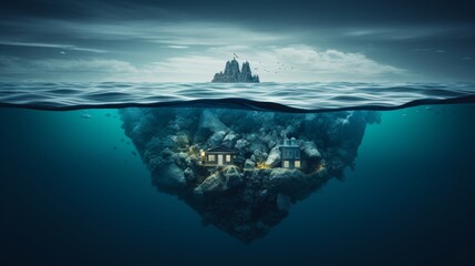 An iceberg above and below water in a clear blue ocean, representing concealed depths and mystery