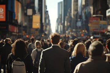 Obraz premium NYC Man Walking Back, Bustling Crowd, High-Rise City