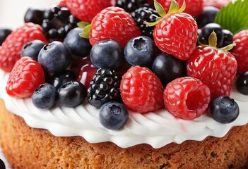 A close-up of a slice of cake with fresh berries on top