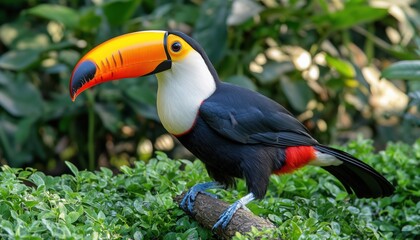 Naklejka premium Tropical Bird Watching In Costa Rica: Keel-Billed Toucan Perched On Branch In Lush Forest, Central America. Explore Nature Holiday In The Tropics.
