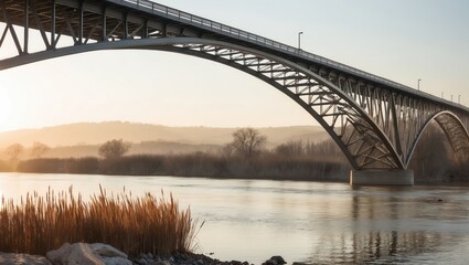 Obraz premium Tranquil Steel Bridge Elevating Above a Calm River at Sunrise, Framed by Lush Grasses and Scenic Landscape in Soft Morning Light