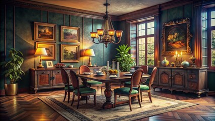 Vintage Dining Room Interior Featuring Rustic Furniture, Dark Decor, and Atmospheric Lighting for a Cozy and Elegant Ambiance in a Timeless Setting