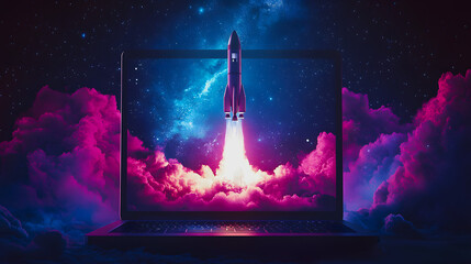 
Launching Space Rocket From Laptop Screen. Generative AI