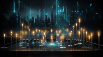 Illuminated digital candlestick chart representing market growth on a dark tech inspired background