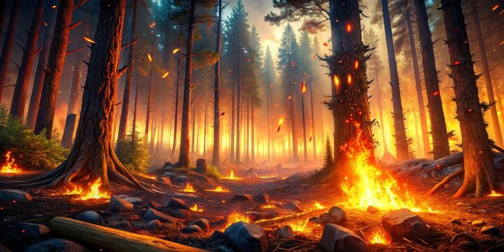 Inferno in the Pines A Fiery Embrace in a Dense Forest, Embers Falling Like Rain