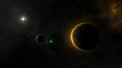 Naklejka premium Three Planets and a Star in a Dark, Starry Sky