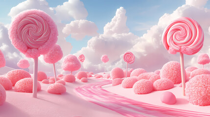 Whimsical candy landscape with pink lollipop trees, surrounded by candy-shaped mounds under a cloudy sky, fantasy world. Pastel Candy World. Illustration