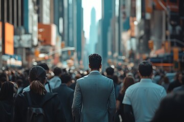 NYC Midtown Commute Anonymous Man in Grey Jacket, Times Square Crowd