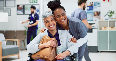 Portrait, doctor and happy woman in wheelchair for recovery, healing or surgery success in...