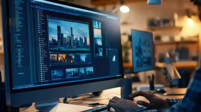 Video editor works late at night, using professional software on a powerful computer to edit footage in a dark office