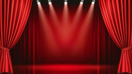 Luxurious theater backdrop with deep red curtains and spotlight beams, reflective stage adding depth, performance space, classic stage vibe