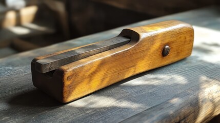 A wooden tool with a metal blade, likely used for shaping or smoothing materials.