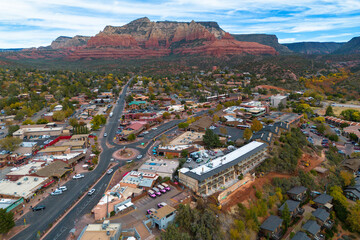 Aerial Views of Downtown Sedona, Arizona, America, USA.