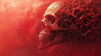 Images of imminent death in dramatic red-burgundy tones, in a dark artistic style