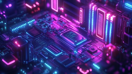 Obraz premium Close-up of a vibrant neon-lit computer motherboard with glowing circuits and processor.