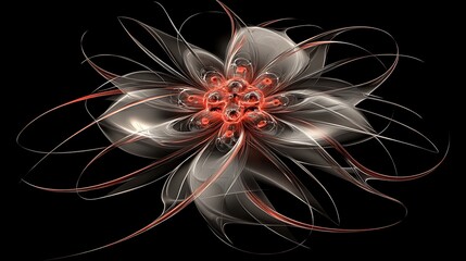 Abstract Stylized Flower with Red and Grey Petals on a Black Background