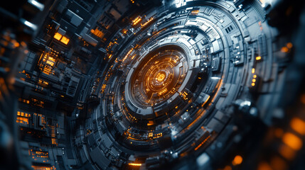 Fototapeta premium Abstract futuristic design showcasing intricate mechanical structures and glowing orange elements