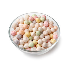  Glass bowl with colorful uncooked tapioca pearls close up isolated on white background