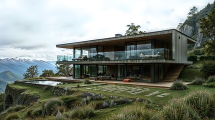 luxurious modern house with a glass facade, located on a cliff with a stunning view of the mountains.