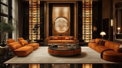 A luxurious living room featuring modern furniture in warm tones and elegant decor.
