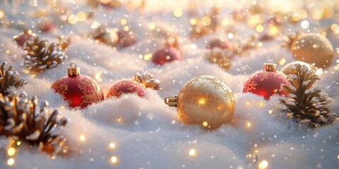 A background filled with golden and red Christmas ornaments, pinecones, and twinkling fairy lights on a soft, snowy surface