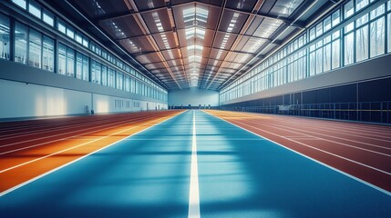 Obraz premium Indoor athletic facility featuring a colorful running track and ample natural light.