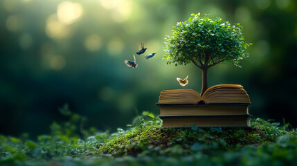 Books and nature blend with a tree and birds in a serene setting