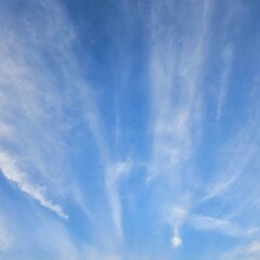 Expansive blue sky dotted with wispy white clouds.