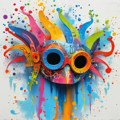 Vibrant and playful abstract mask with colorful tendrils on a textured background