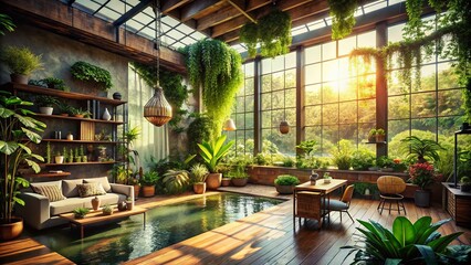Fototapeta premium Vintage Style Photography of a Biophilic Sustainable Space Featuring Natural Elements like Plants, Water, Sunlight, and Recycled Materials for Eco-Friendly Living