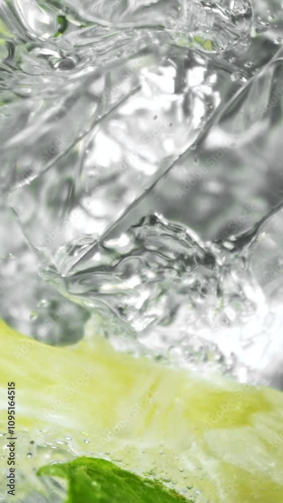 Poster super slow motion of falling ice cube into home made lemonade. filmed on high speed cinema camera, 1